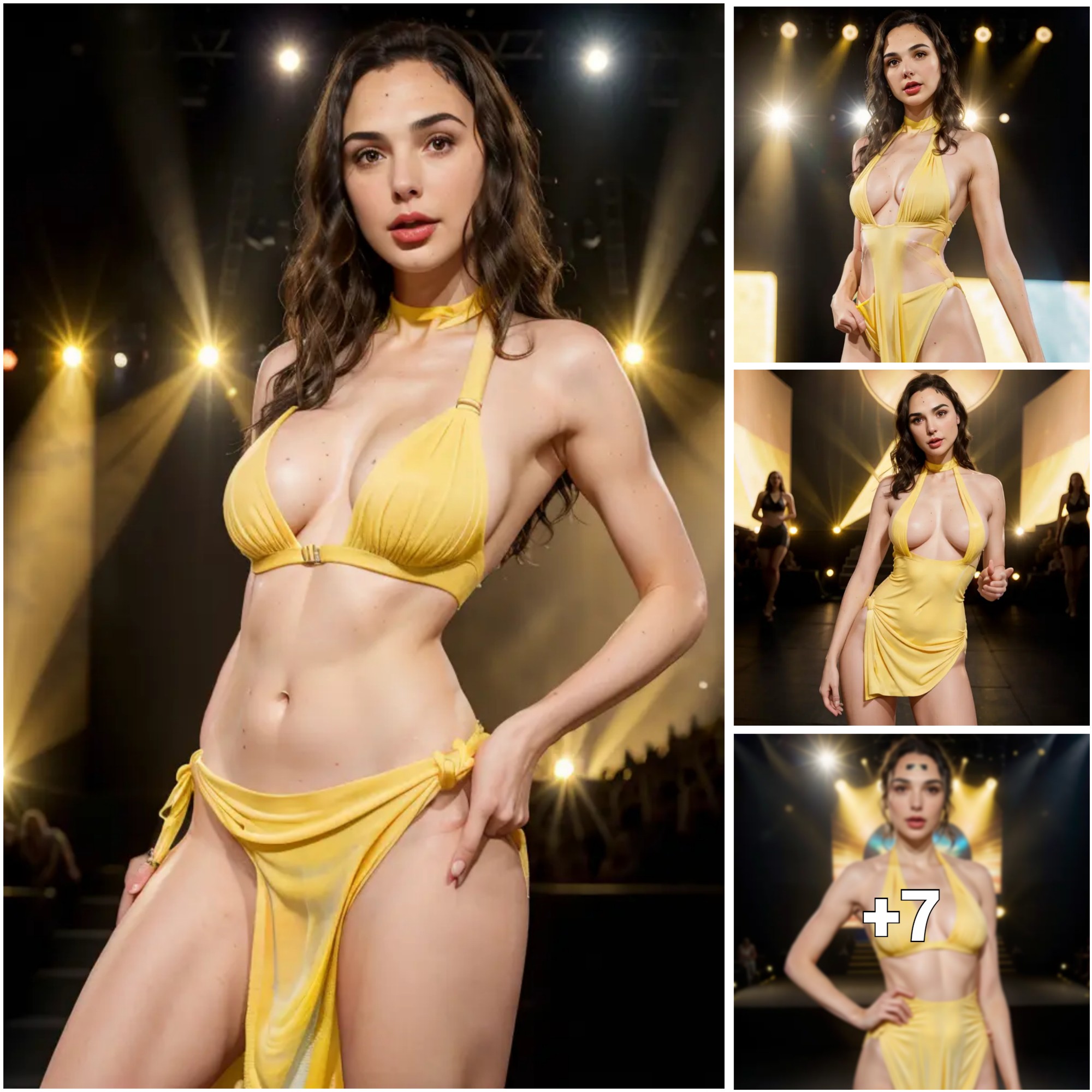 Gal Gadot Shines on Stage A Radiant Vision in Brilliant Yellow Halter Dress and Black Hair ‎