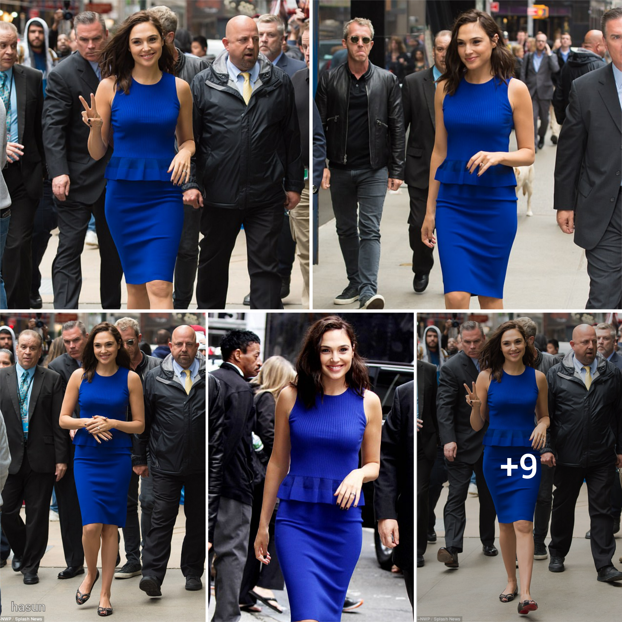 Gal Gadot Spreads Peace Sign Vibes in Chic Blue Dress on Her Way to GMA