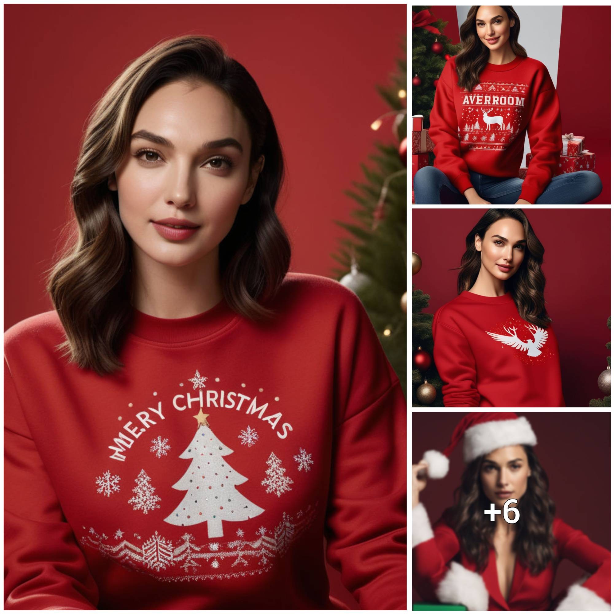 Festive Comfort: Gal Gadot Radiates Joy in Red Gildan 18000 Crewneck Sweatshirt