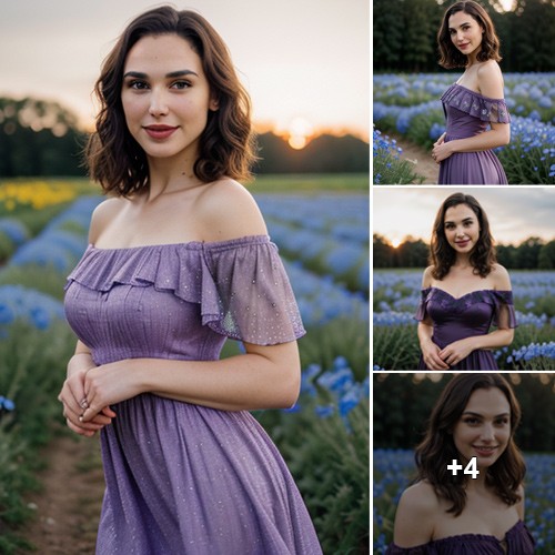 Embraced by Nemophila Enchantment: Gal Gadot Gleams with Radiant Delight in a Mesmerizing Stance