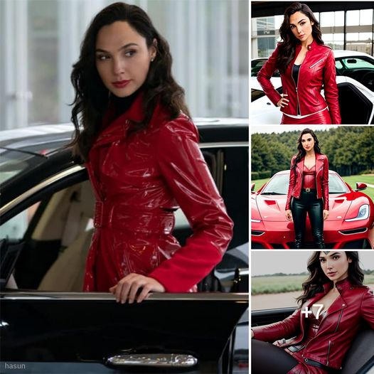 Gal Gadot wears a red leather jacket to pose by a cool car ‎ ‎