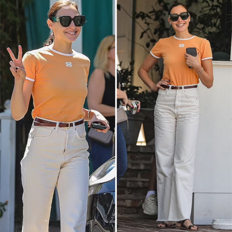 Gal Gadot channels casual chic in an orange ringer tee and white jeans during a leisurely lunch at the San Vicente Bungalows in West Hollywood