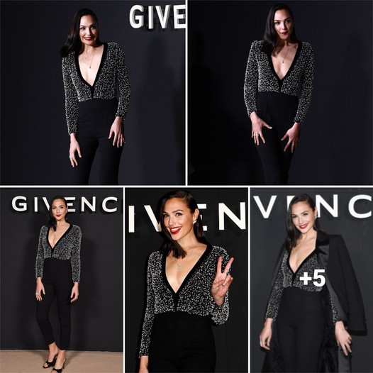 Gal Gadot stuns in a dazzling sequinned top, flaunting a daring neckline while gracing the Givenchy catwalk during Paris Fashion Week ‎