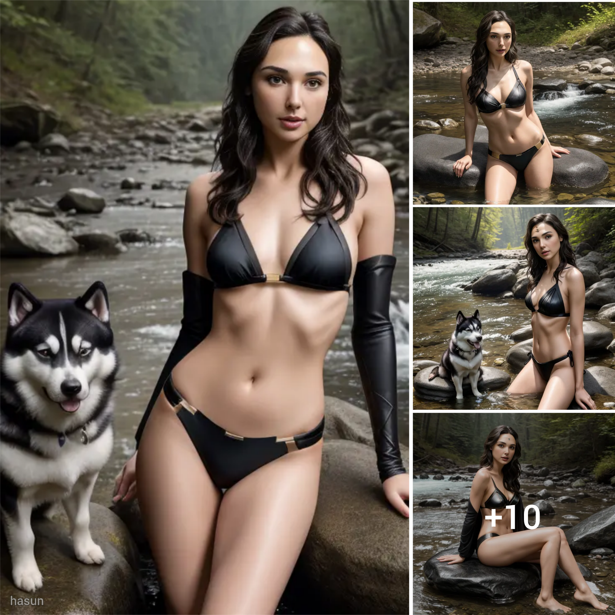 Gal Gadot’s Streamside Serenity: Black Bikini Bliss on a Rock with Her Majestic Husky Companion