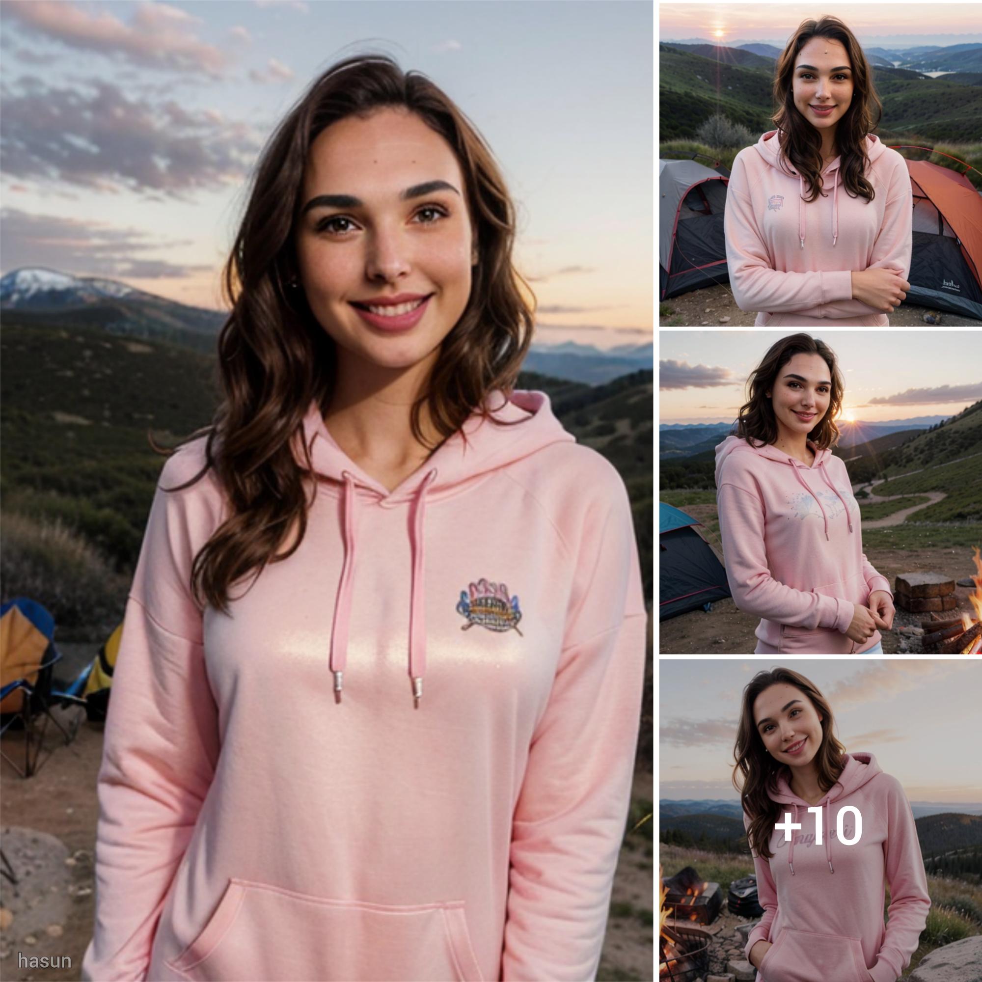 The Tranquil Mountain Escape of Gal Gadot: Embracing the Serenity of a Sunset Campfire in a Pink Hoodie