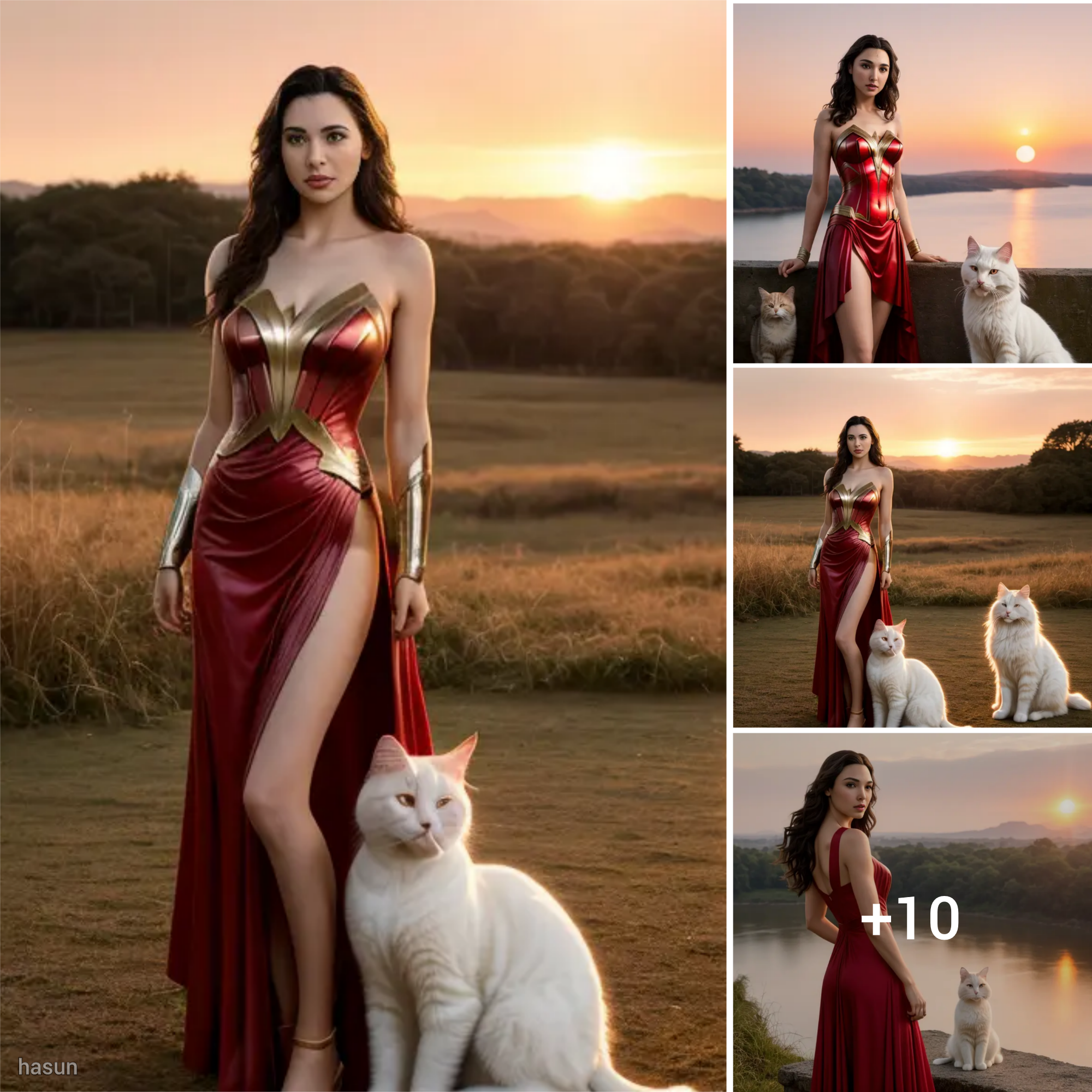 Gal Gadot’s Sunset Elegance: Watching the Evening Sky in a Red Dress with Her White Maine Coon Cat