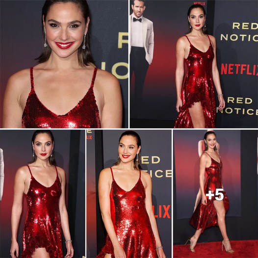 Red Notice Premiere: Gal Gadot Shimmers in a Stunning Sequin Gown Alongside Dwayne Johnson and Ryan Reynolds ‎