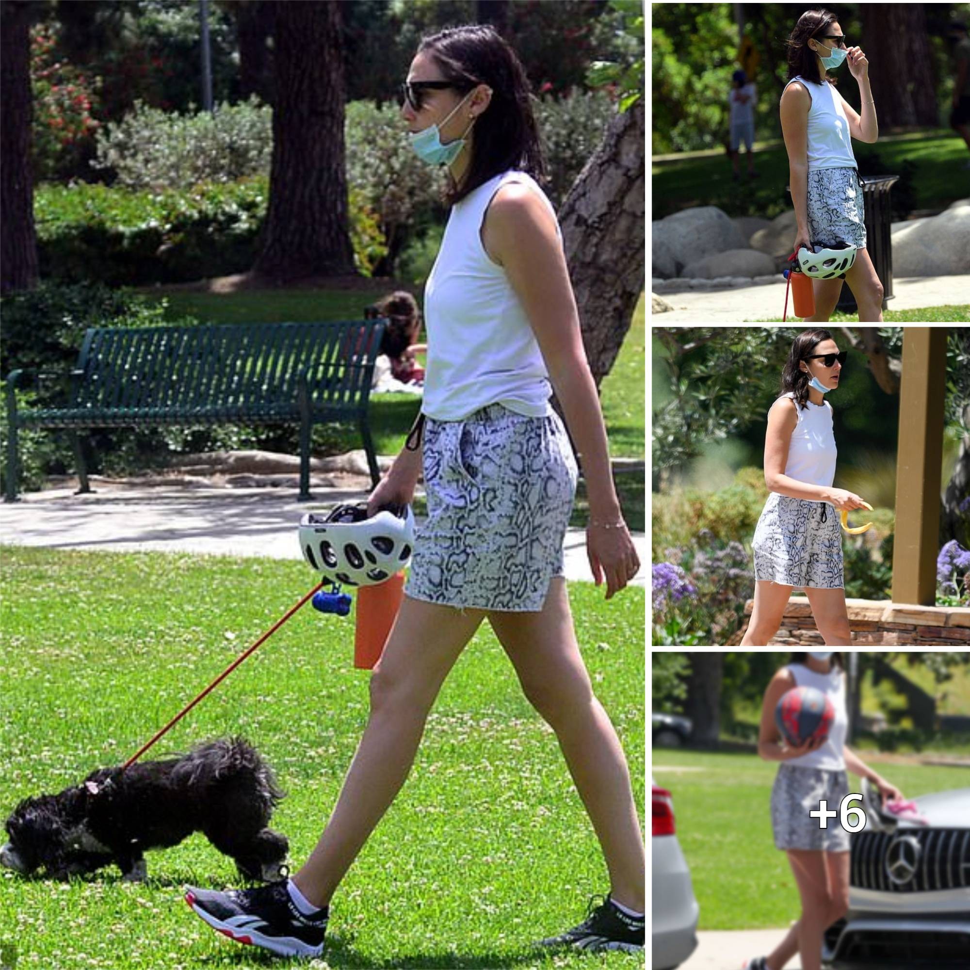 Gal Gadot sports a protective face mask during a casual outing to a Beverly Hills park