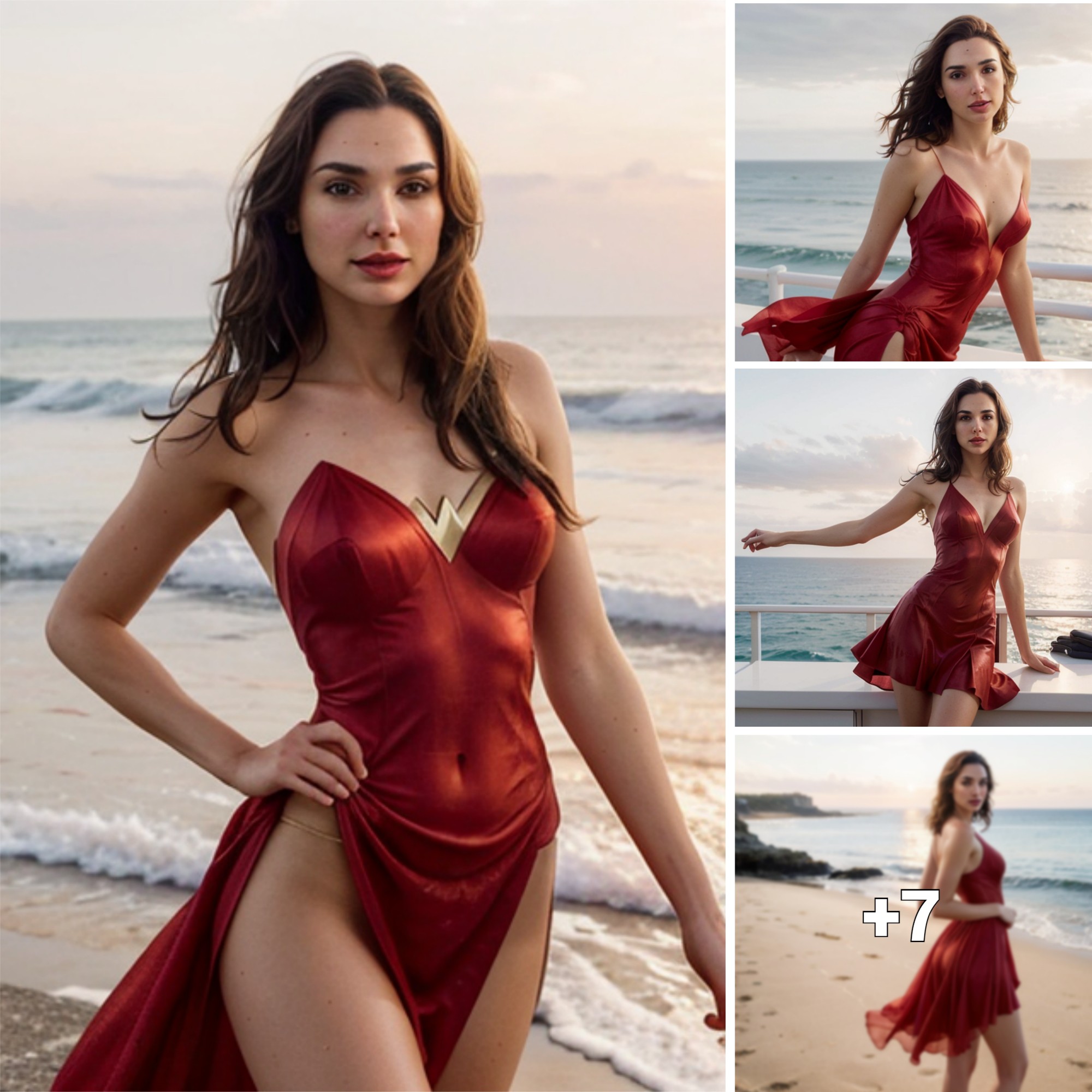 Gal Gadot Dazzles in a Graceful Red Dress, a Captivating Vision Against the Sea’s Backdrop