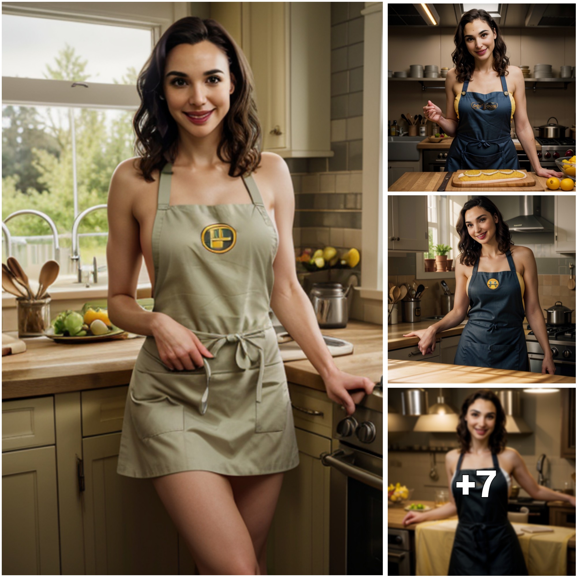 Gal Gadot’s Bright Smile Lights Up the Panoramic Scene as She Cooks Wearing an Apron with Professional Color Grading ‎