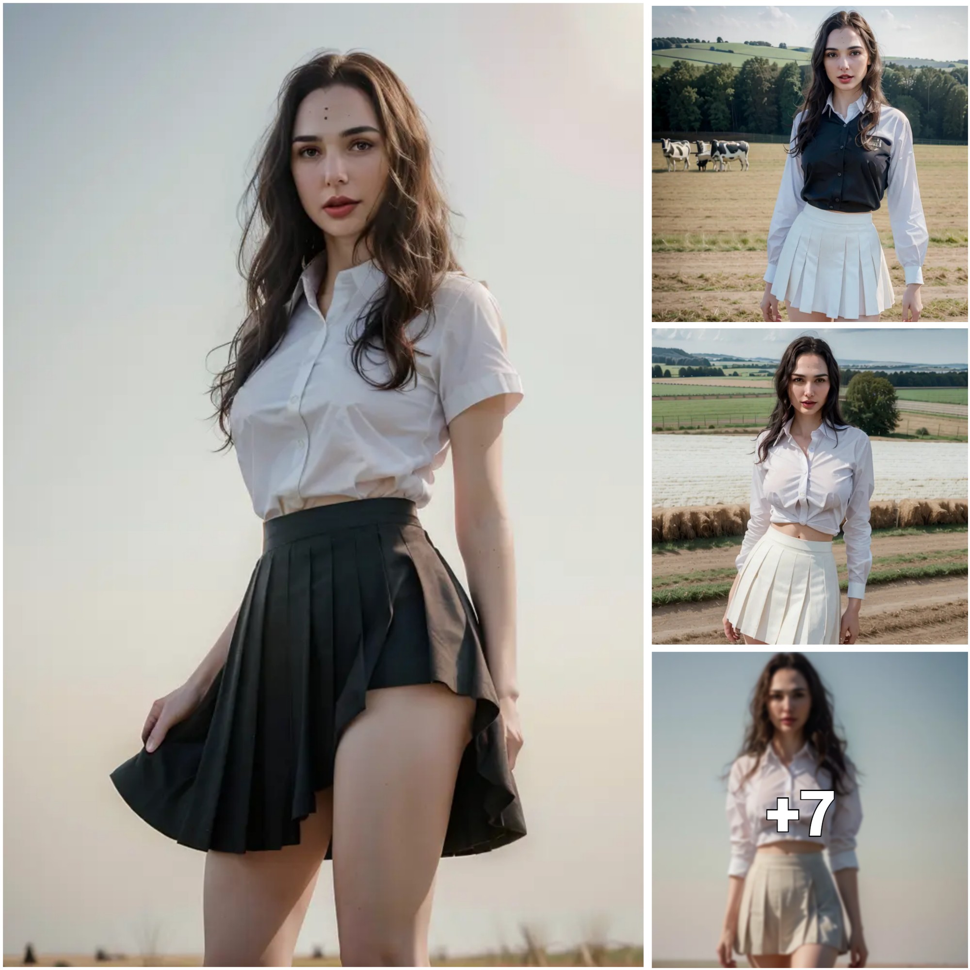 Gal Gadot’s Prairie Vision Long Black Hair, School Skirt, and White Shirt Amidst Surreal Beauty ‎