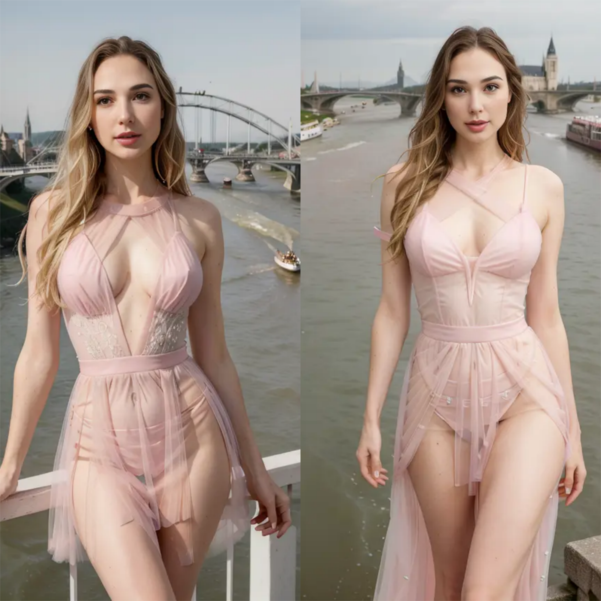 Radiant in Blush: Gal Gadot Shines in a Glamorous Pale Pink Dress Along the Rhine River