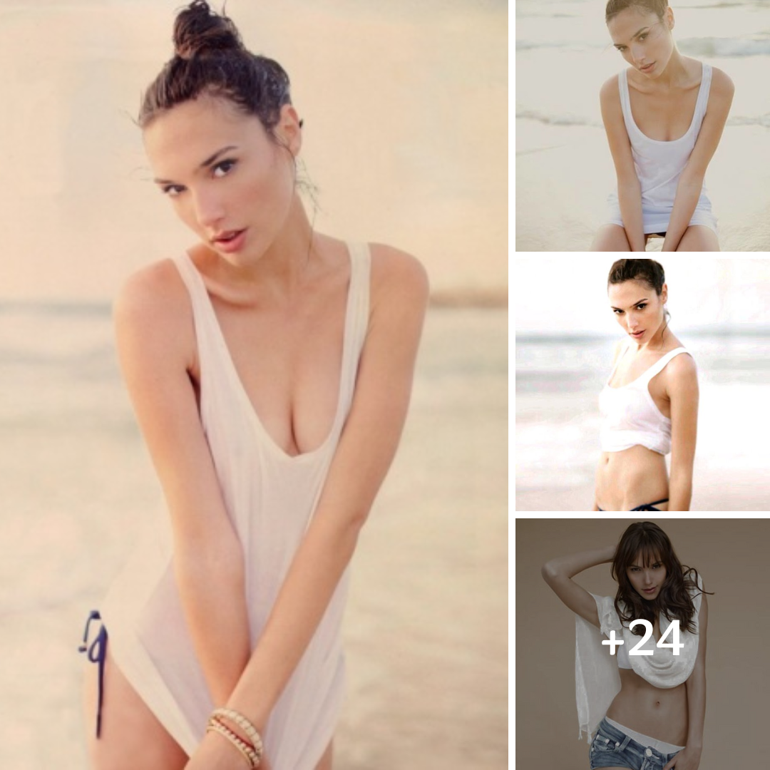 Gal Gadot mesmerizes in an exquisite ivory swimsuit, exuding a captivating and enchanting aura