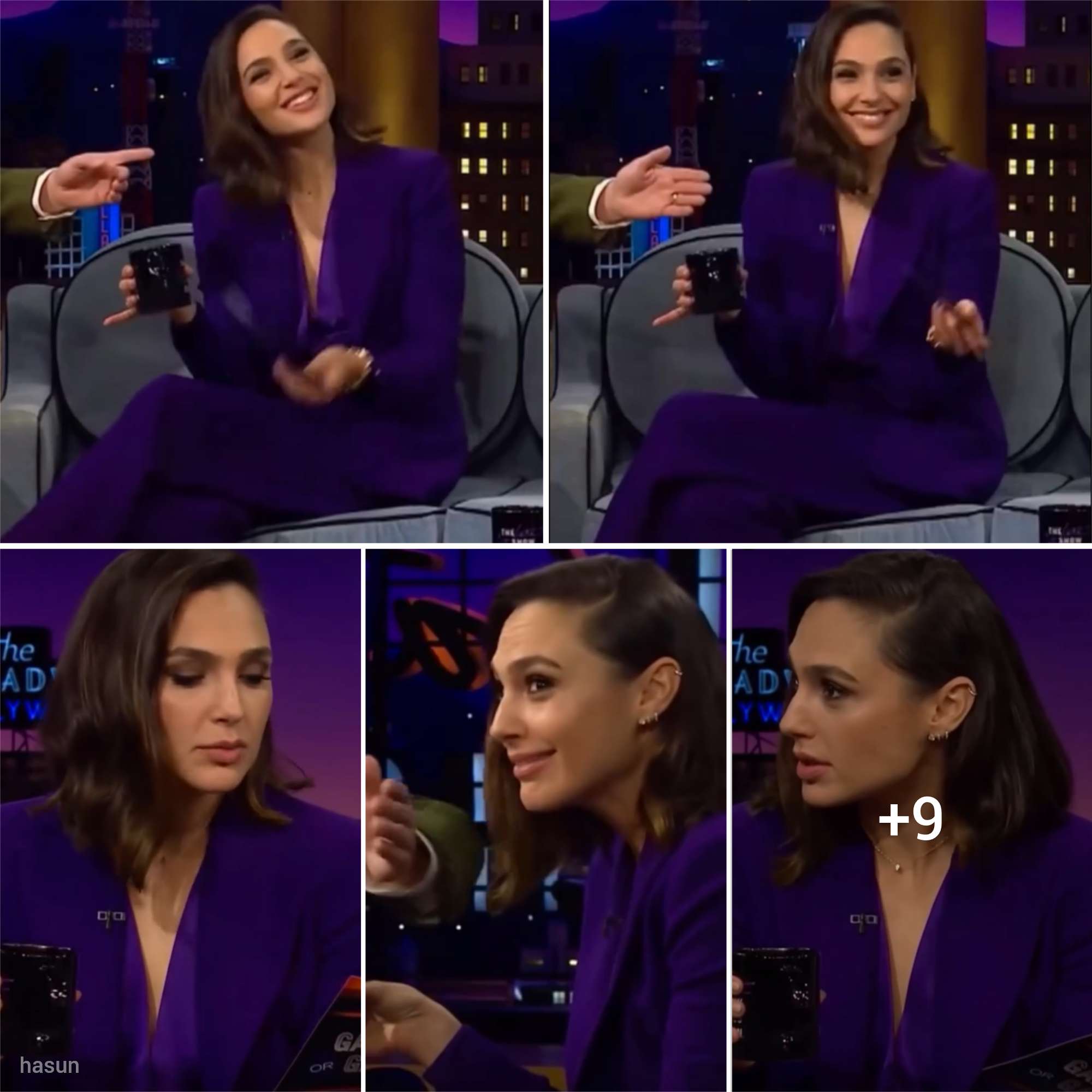 Gal Gadot Radiates Youthful Elegance in Purple Suit on Television