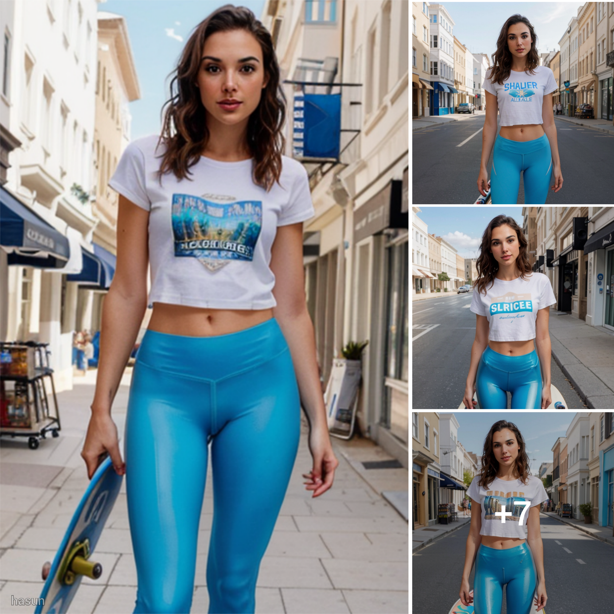 Gal Gadot’s Urban Adventure: Skateboarding Solo in White Sports T-Shirt and Tights on Deserted Streets