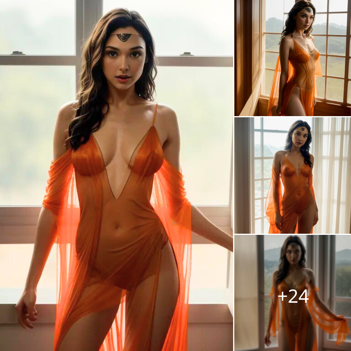 Gal Gadot’s Radiant Elegance: Captivating in an Orange Nightgown by the Window ‎