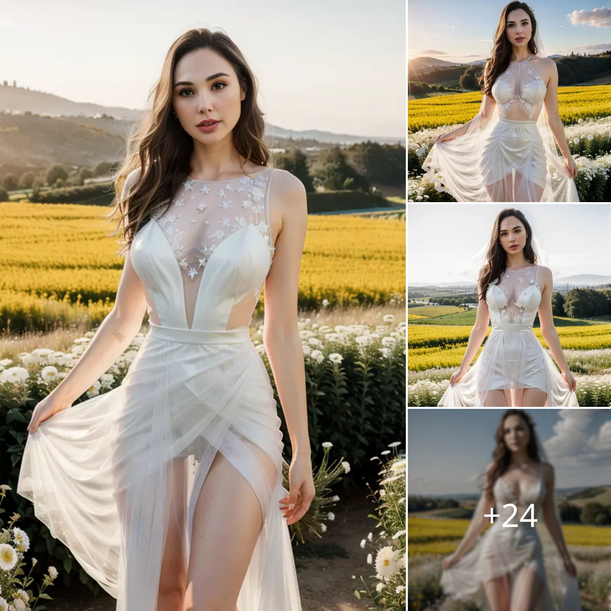 Gal Gadot Radiates in a Stunning Wedding Dress Amidst a Field of Blossoming Flowers. ‎