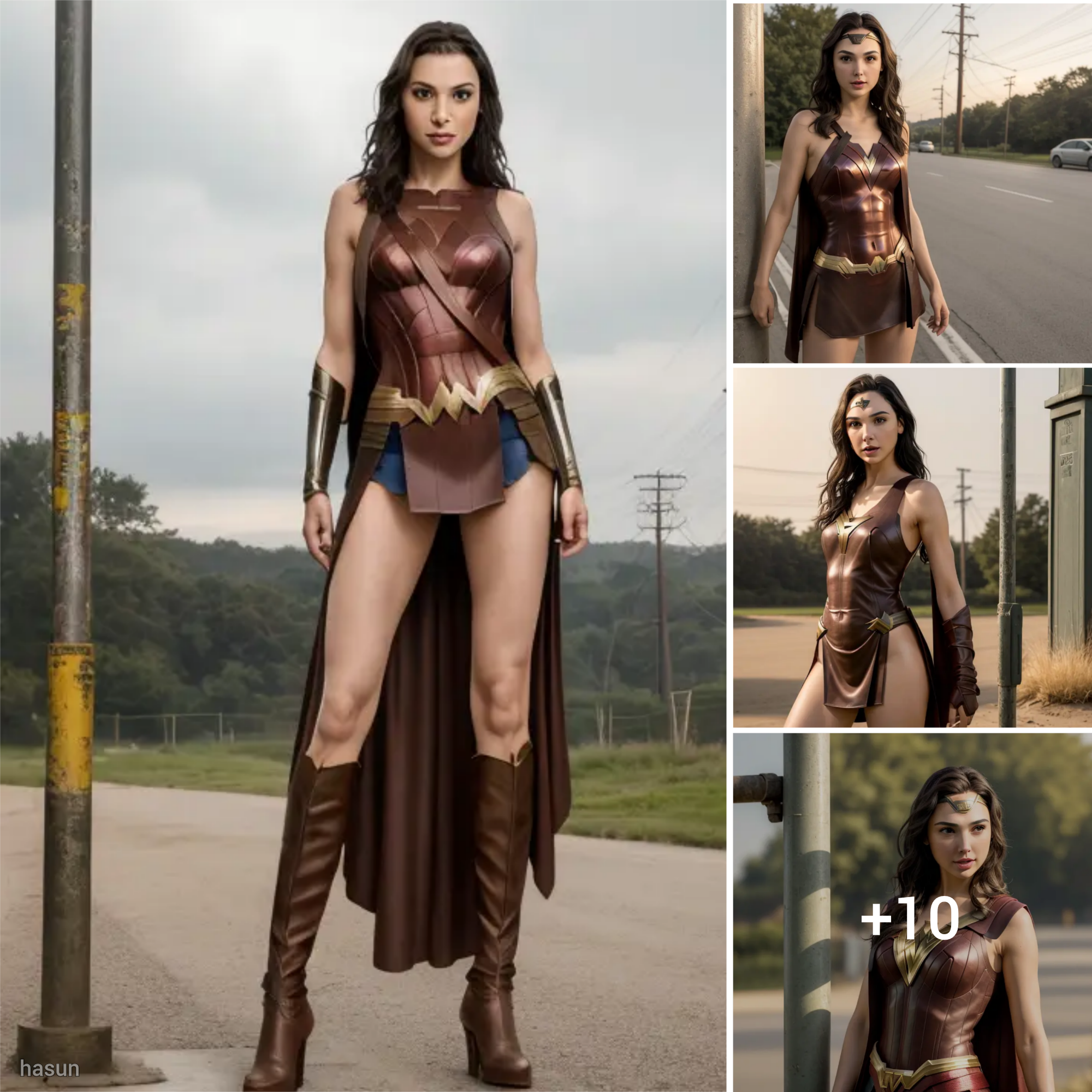 Gal Gadot’s Warrior Majesty: Standing Tall in Brown Armor by the Roadside