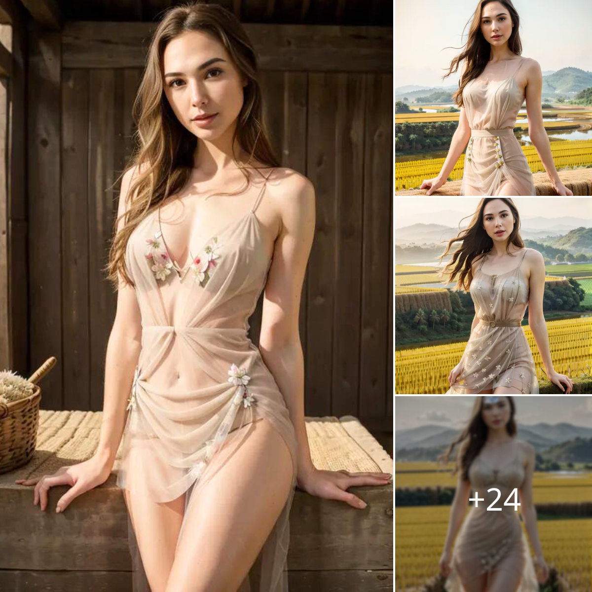 Gal Gadot: Elegant Simplicity in a Light Brown Dress Amidst Golden Rice Fields ‎