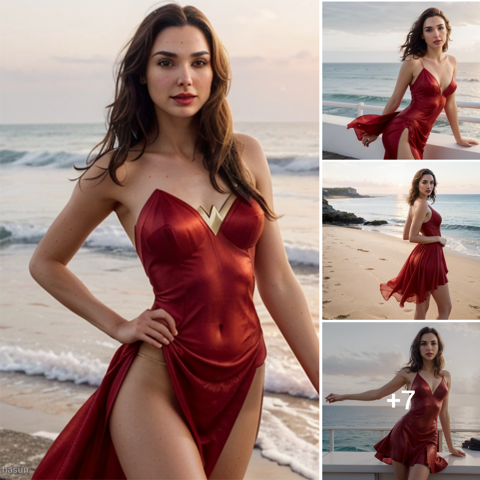 Gal Gadot’s Sunset Elegance: A Vision of Radiance in Flowing Red Dress by the Sea